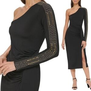 Guess Black One-Shoulder Midi Dress with Gold Stud Sleeve